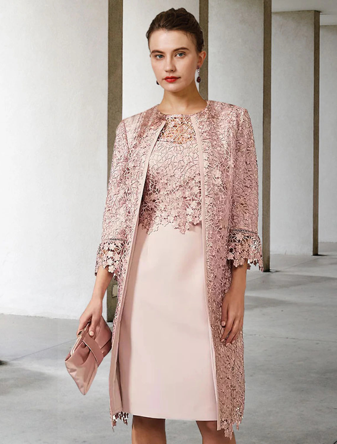 Wholesale  Two Piece Sheath / Column Mother of the Bride Dress Church Elegant Jewel Neck Knee Length Chiffon Lace Short Sleeve Jacket Dresses with Appliques